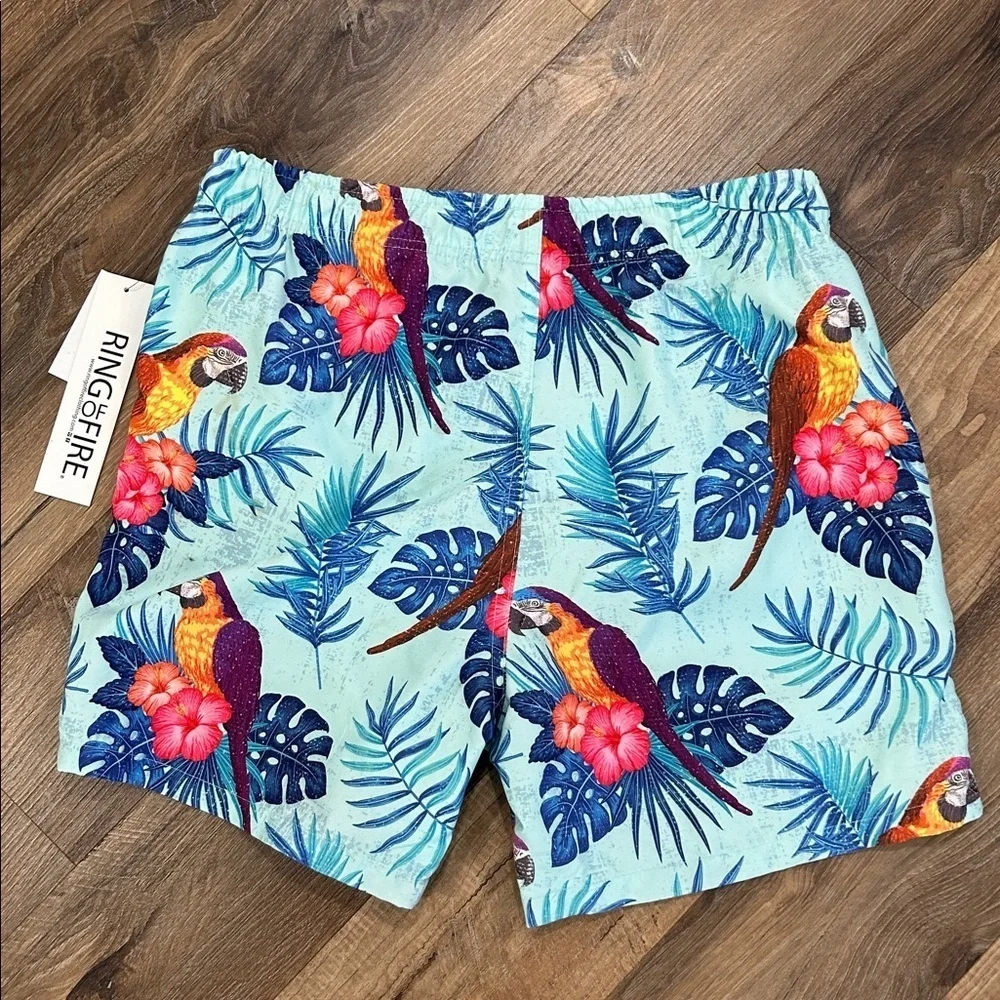 Ring of Fire Mens Shorts Swim Trunks Size L Blue Tropical Parrot Print Novelty